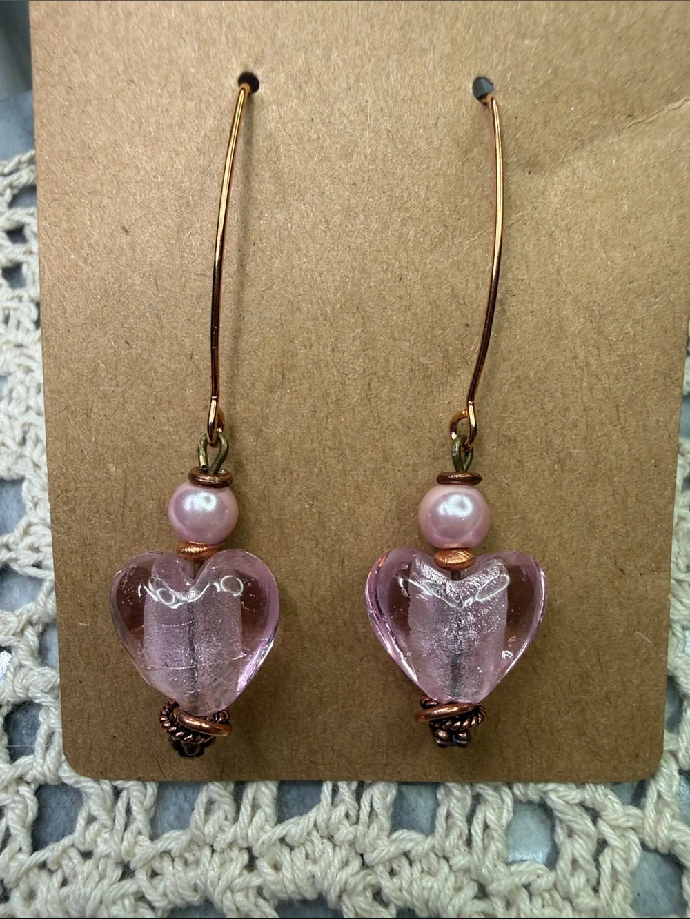 Handmade Pink Heart Glass Drop Earrings
